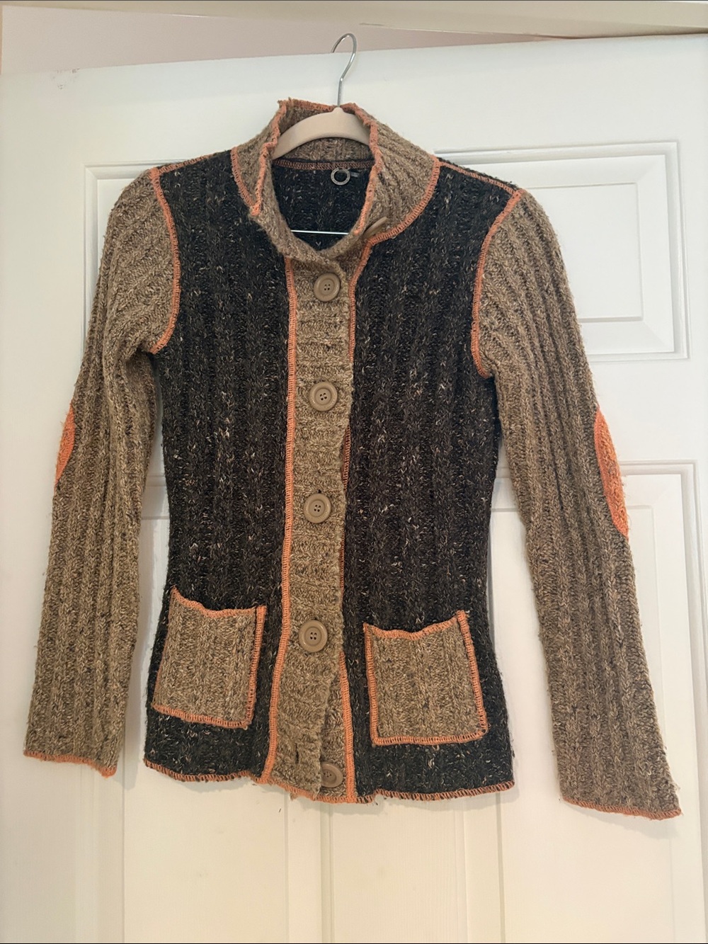 One Girl Who Brown and Tan Button-Front Sweater Cardigan with Orange Trim